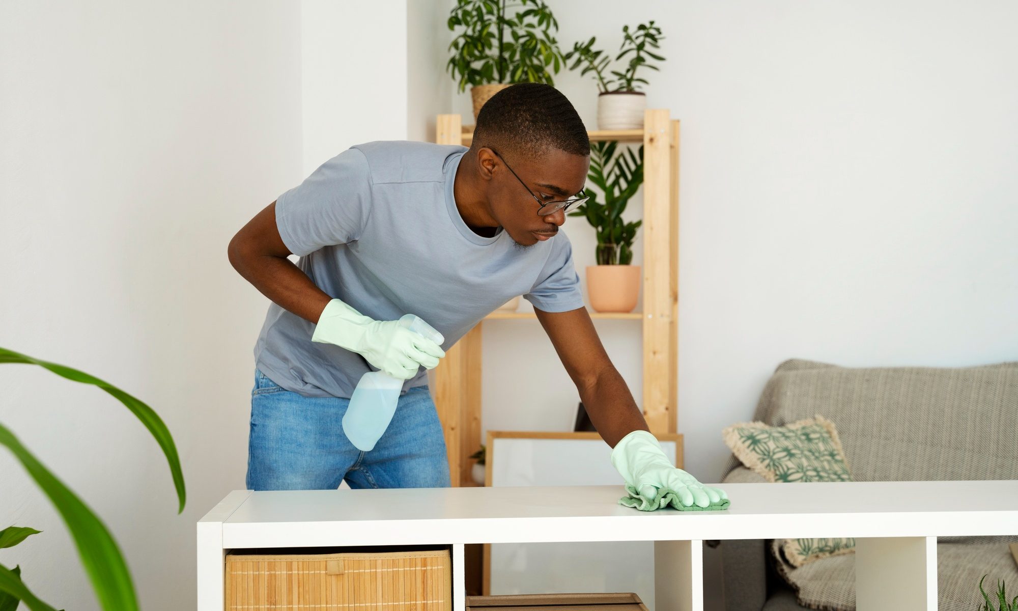 A man wipes down the top of a cupboard, getting his home clean and ready to sell