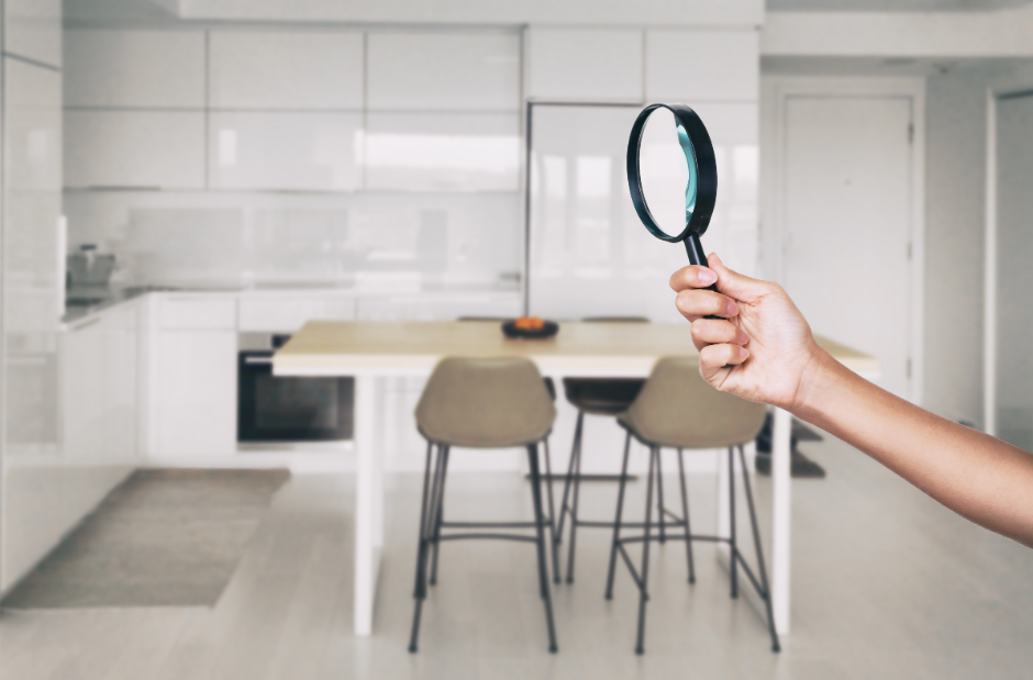 Clean home, ready for a rental inspection, with a magnifying glass in the foreground